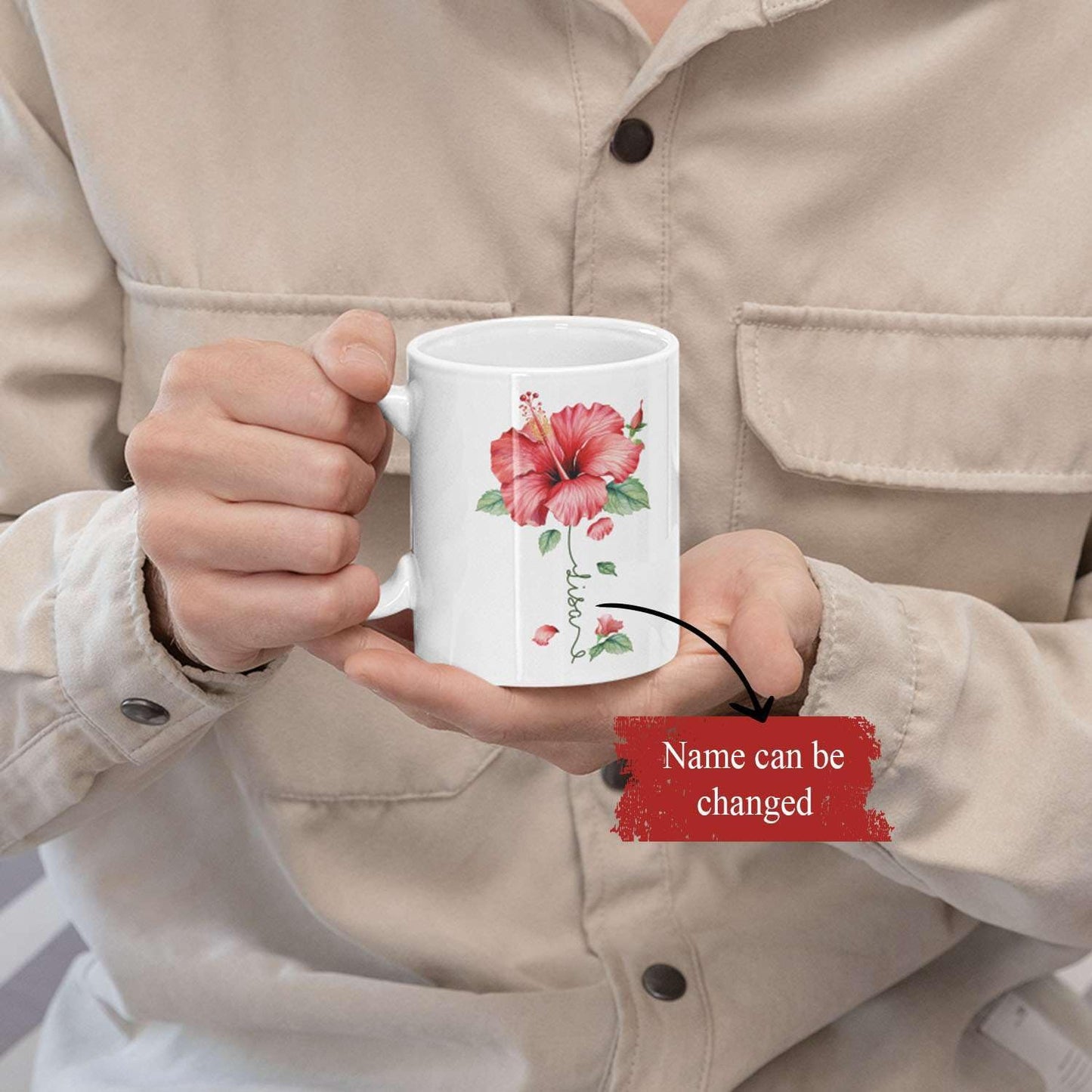 Personalized Hibiscus Blossom Design Mug, Custom Name Vibrant Flower Coffee Cup, Customized Mug For Floral Enthusiasts, Novelty Hibiscus Flower Ceramic Cup 11oz 15oz, Gift For Women