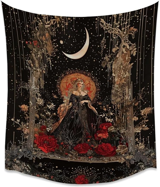 Dark Academia Moon Goddess Tapestry Gothic Fantasy Rose Wall Art Mystical Witchy Woman Print Victorian Artwork Aesthetic Tapestries Wall Hanging for Girls Room Bedroom Decor 50x60inch