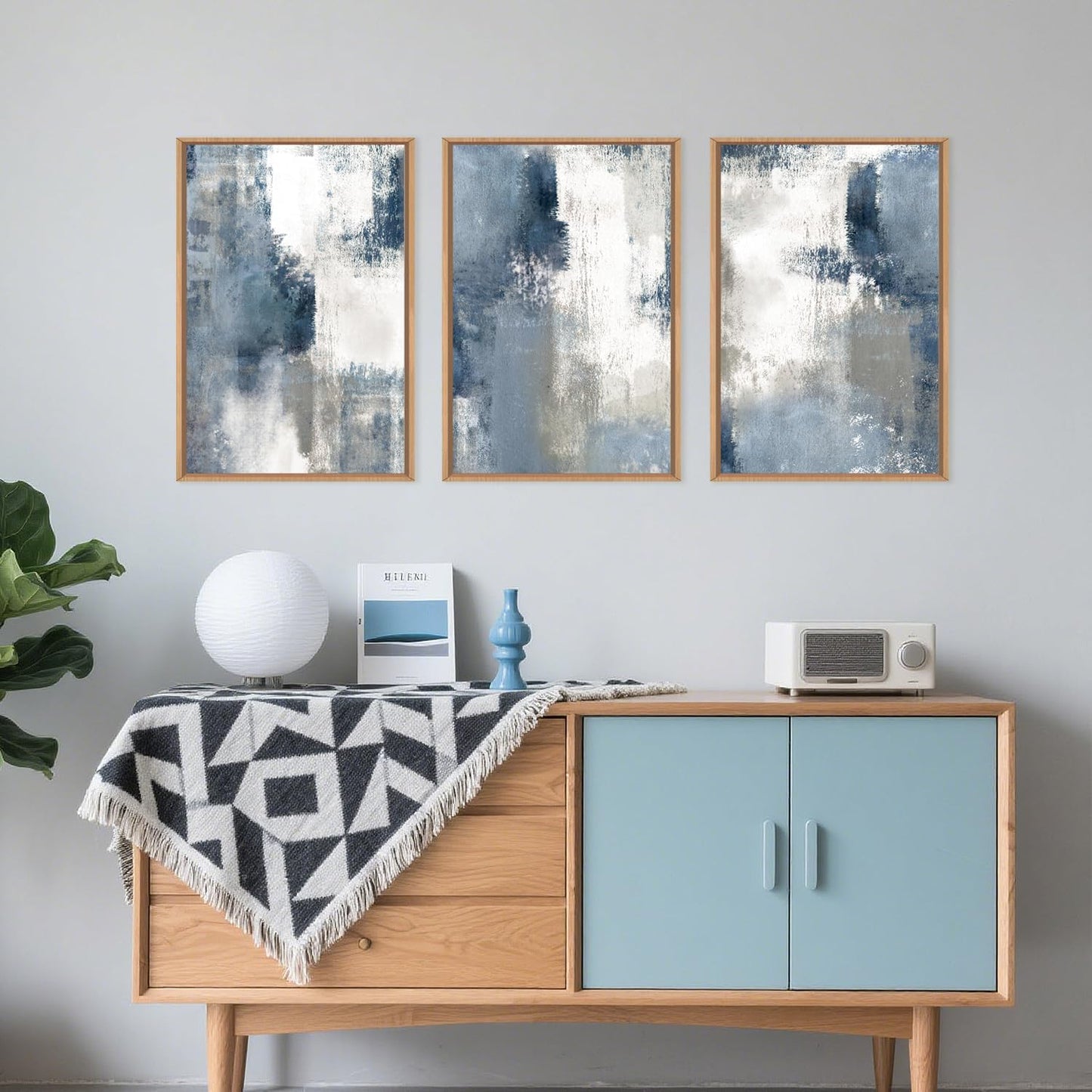 LHIUEM Large Abstract Brush Strokes Framed Canvas Wall Art Set,Navy Blue and Gray Wall Decor,Modern Color Block Shape Artwork,Minimalist Neutral Blue Printing for Living Room,Bedroom, Office-16''x24''x3