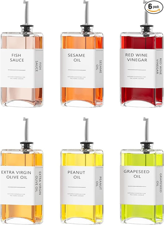 New England Stories Kitchen Cooking Oil Dispenser Set, Olive Oil and Vinegar Bottles, Soy Sauce Dispenser - 6 Pieces, Silver, Durable & Stylish Design