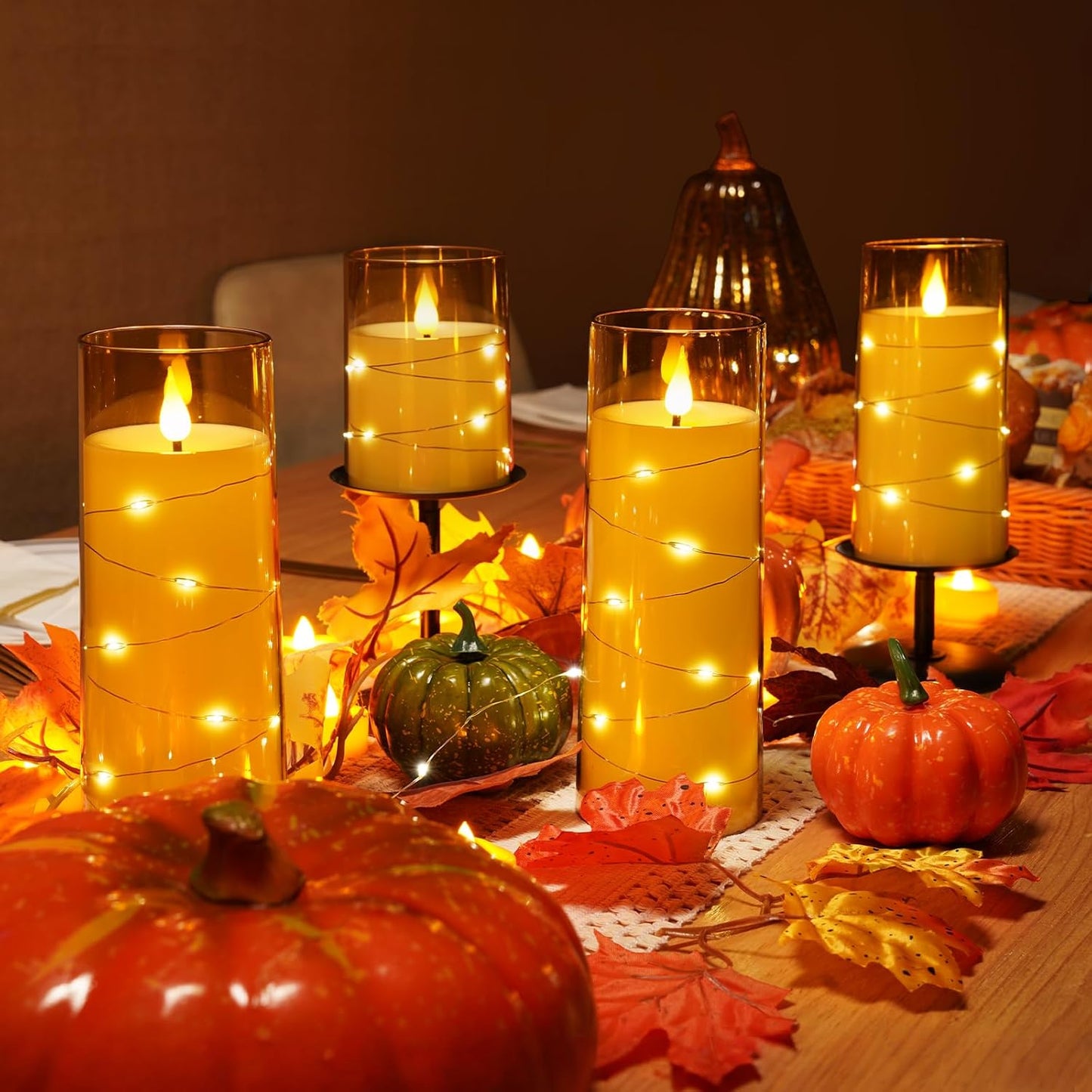 Homemory Acrylic Flameless Candles with Embedded Star String Fairy Lights, Battery Operated Candle, LED Candles, Fake Candles with Remote Control and Timer for Halloween, Amber, Set of 5(H4"5"6"8"8")