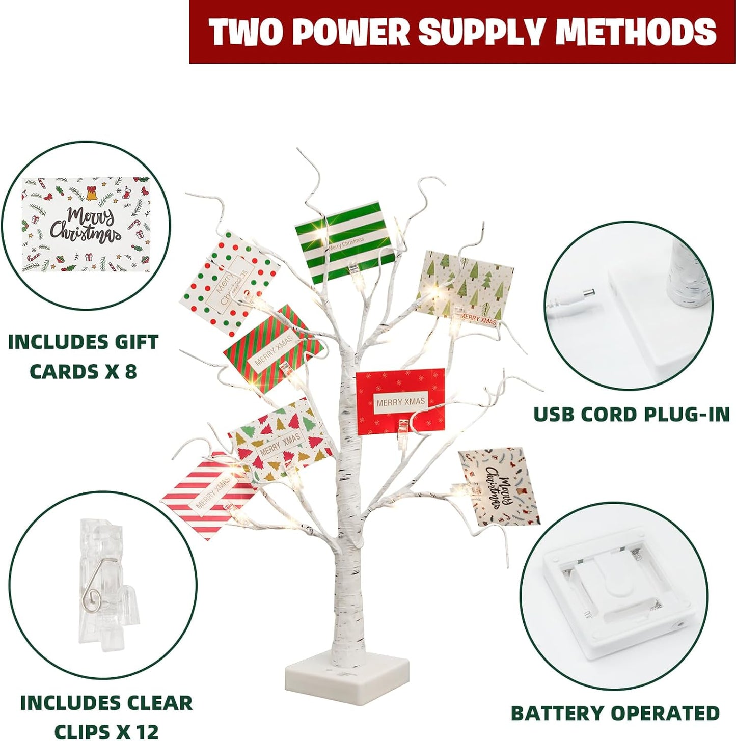 EAMBRITE Christmas Tree with Gift Cards, Money Tree Gift Holder, White Lighted Birch Tree Tabletop 2 FT 24 LED, Light Up Display Twig Gift Card Tree with 8 Clear Clips for Home Christmas Decorations