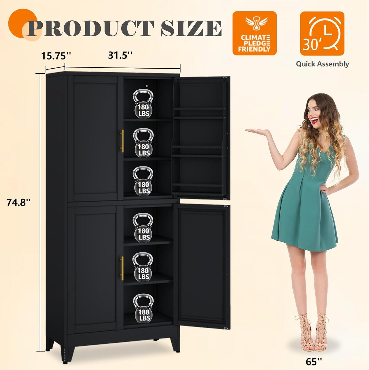 74.8" Tall Metal Food Cabinet, Black Kitchen Pantry Cabinet, Storage Cabinets with 4 Door and 4 Adjustable Shelves, Steel Freestanding Cupboard for Kitchen Dining Room Living Room Bathroom