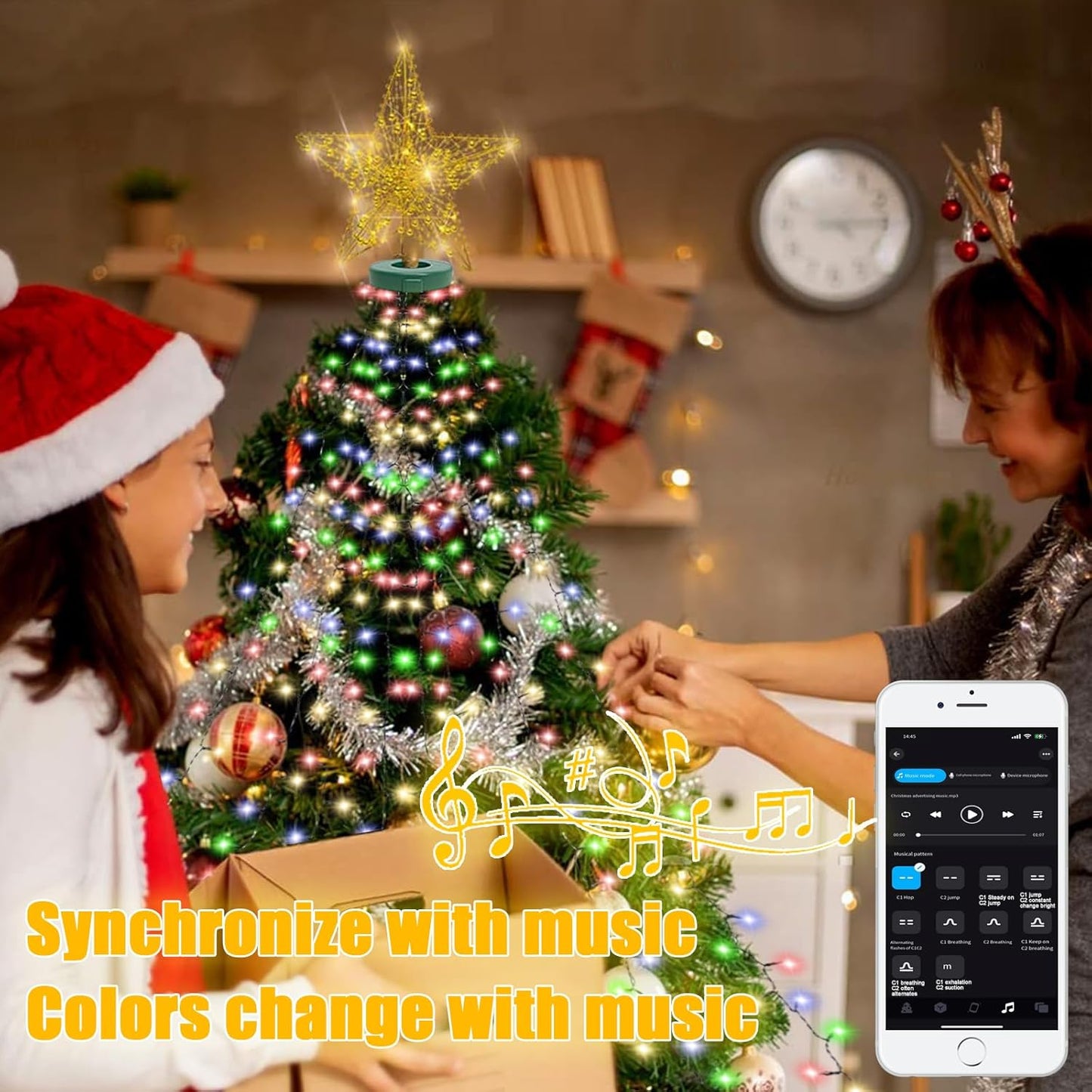 Smart Christmas Tree Lights with Ring, APP Control Music Sync 6.56Ft x 16 Lines String 400 LED Indoor Outdoor with DIY scenarios 17 Modes Multicolor Timing for Christmas Tree Decorations