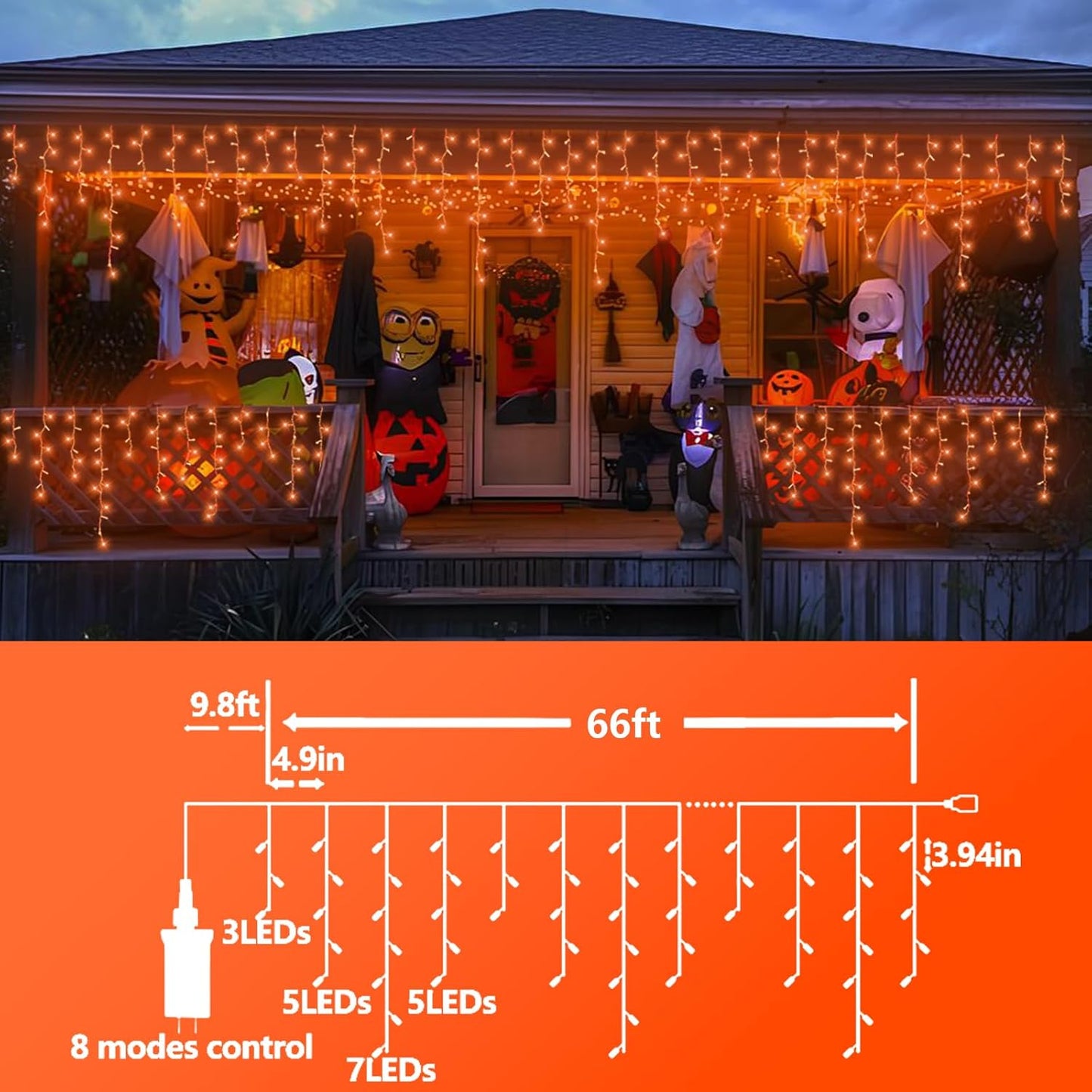 QITONG Orange Lights for Halloween, 66ft 800 LED Icicle Light for Outside with 8 Modes, Clear Wire Connectable Christmas Lights Indoor Plug in
