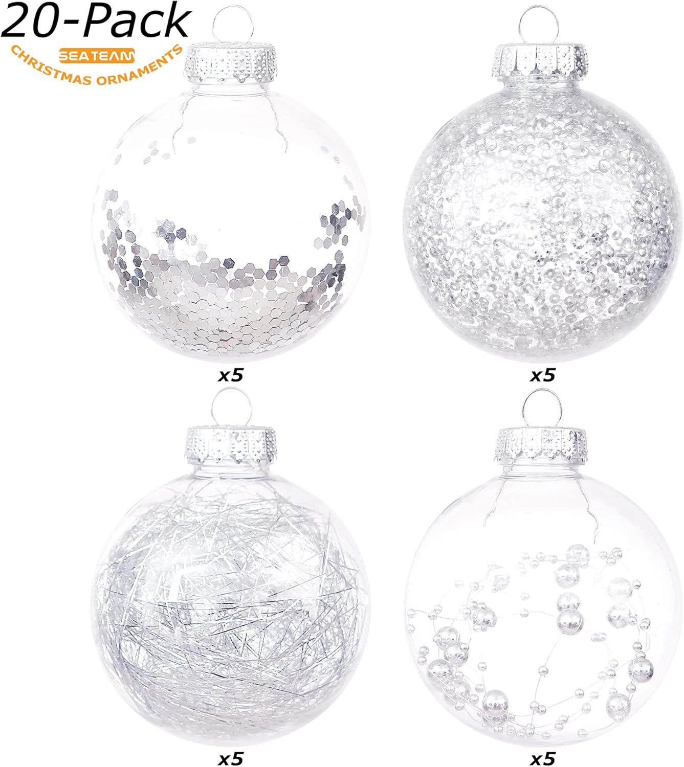 Sea Team Shatterproof Clear Plastic Christmas Ball Ornaments Decorative Xmas Balls Baubles Set with Stuffed Delicate Decorations (80mm/3.15 inch 20-Pack, Silver)
