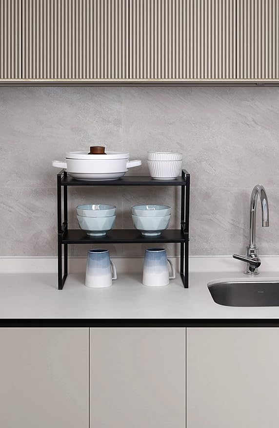 Nxconsu 2Pack Cabinet Shelves Stackable Shelf Organizer Rack Riser for Kitchen Cabinet Pantry Cupboard Counter Countertop Home Organization Storage Space Saver Heavy Duty Metal Nonslip Black