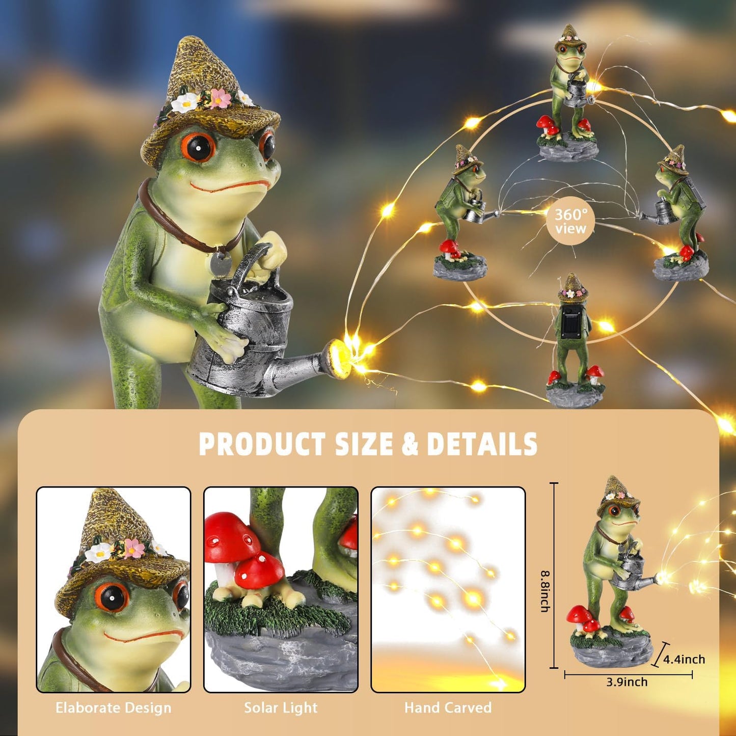Solar Frog Statue for Garden with Watering Can Light 8.8" Resin Frog Figurine Outdoor Patio Porch Yard Decor Unique Birthday Housewarming Gifts for Women Mom Grandma Wife Sister