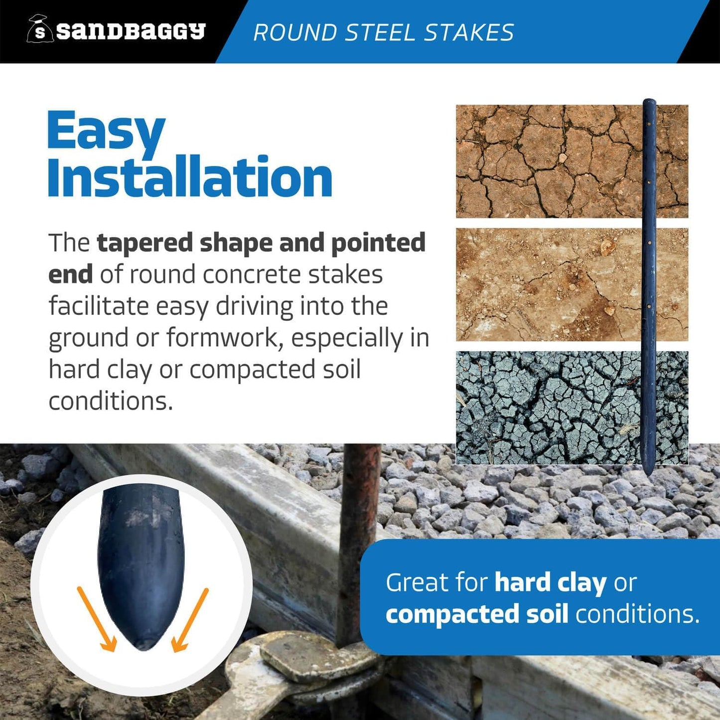 Sandbaggy Round Steel Concrete Form Stakes with Nail Holes - Rust Resistant Coating - Removable, Reusable (1000, 3/4 in X 18 in)