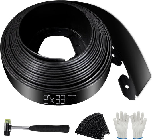 No Dig Landscape Edging 2" x 33FT Kit, Plastic Edging for Landscaping with 100 Spikes, for Garden, Lawn, Flower Beds and Yard, Black