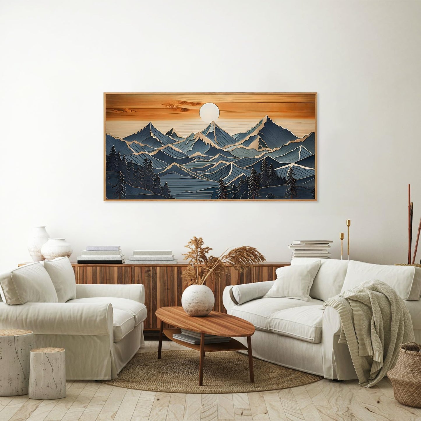 Tinonedraw Metal Mountain Framed Canvas Wall Art, Boho Mountains Forest Artworks, Mid Century Modern Blue Ridge Wall Decor, Vintage Nature Sunset Art Print for Living Room Bedroom Office 20"x40"