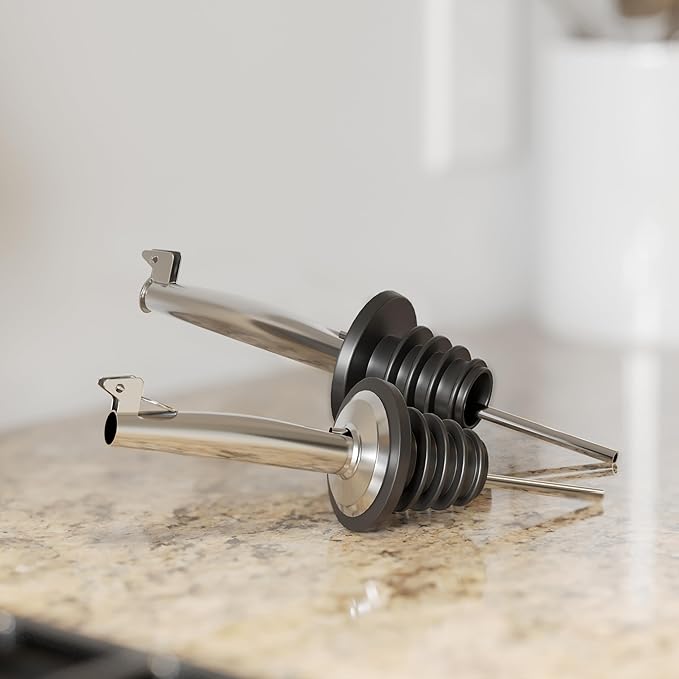 New England Stories Kitchen Cooking Oil Dispenser Set, Olive Oil and Vinegar Bottles, Soy Sauce Dispenser - 2 Pieces, Silver, Durable & Stylish Design