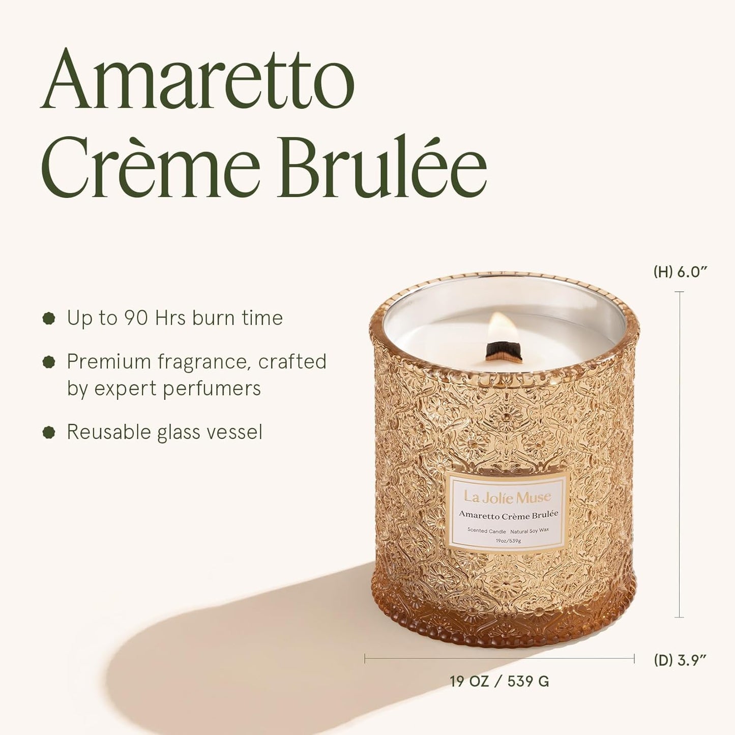 LA JOLIE MUSE Fall Candle | Amaretto Crème Brûlée – Almond Liqueur, Dry Fruit & Caramel | 19 oz Wooden Wick Candle | 90 Hours Clean Burn | Luxury Candles for Self-Care & Gifting