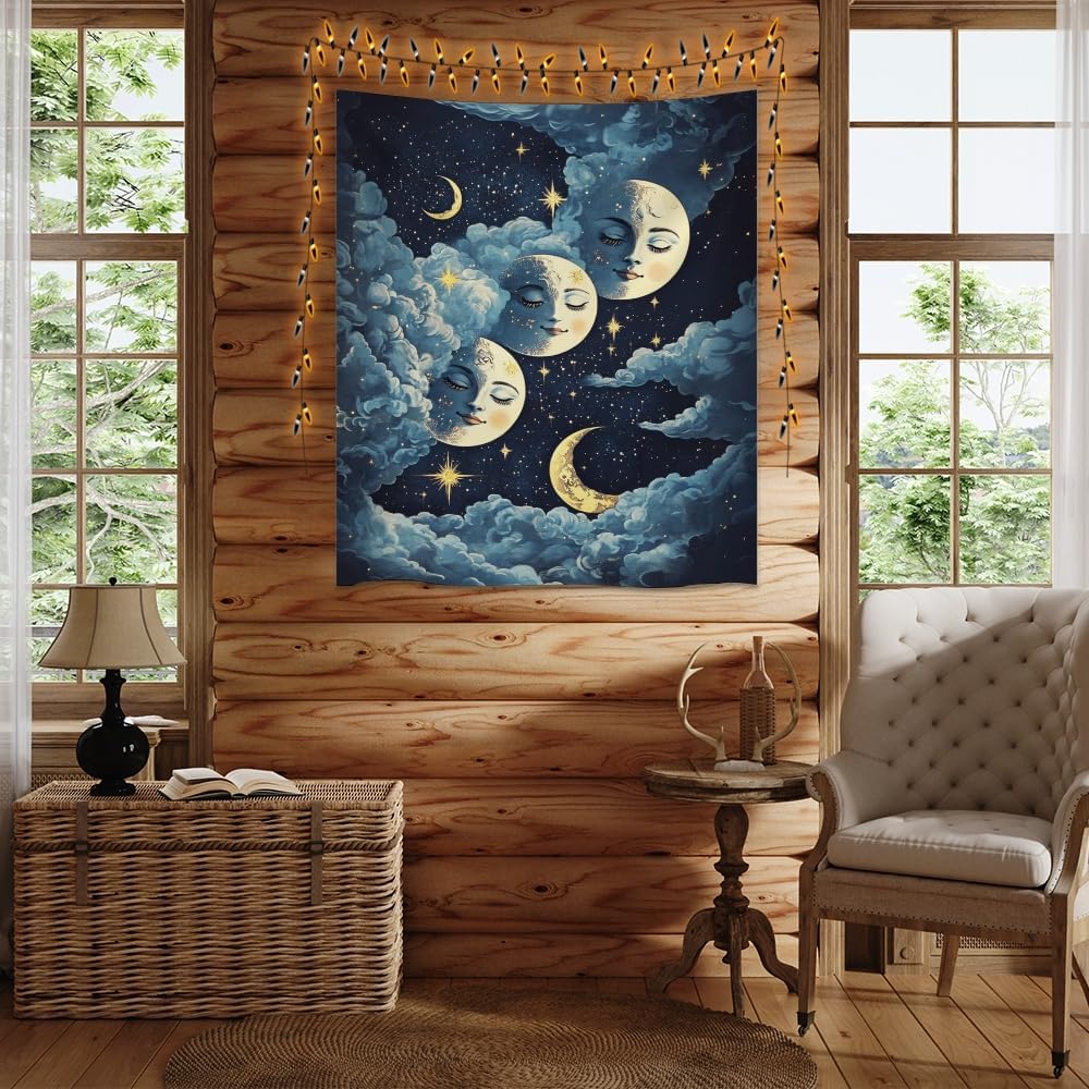 Blue Moon Faces Tapestry Celestial Wall Art Dark Academia Aesthetic Print Stars Clouds Tapestries Wall Hanging whimsical Gothic Home Decor for Bedroom Living Room 70x90inch