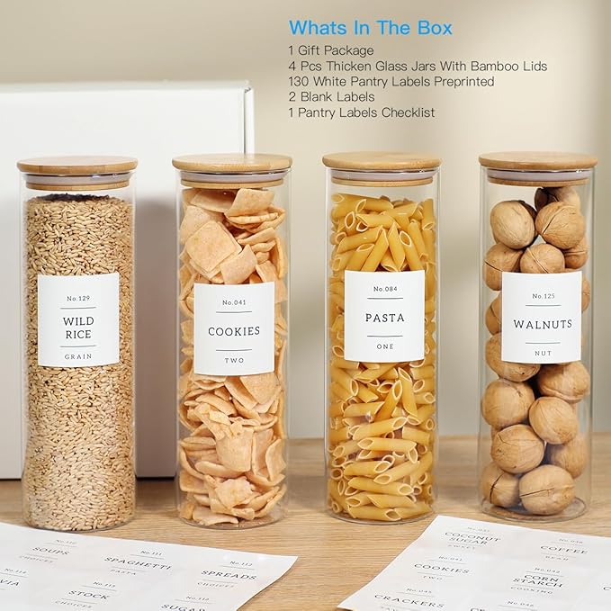4 Pack Glass Jar with Airtight Wood Lid and White 132 Kichen Pantry Labels Preprinted - 38 Oz Clear Round Glass Food Storage Containers set For Cereal Rice Sugar