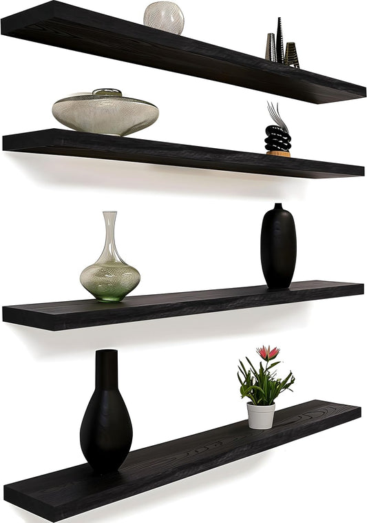 48 Inch Floating Shelves for Wall Rustic Black Wood Wall Shelves for Bedroom Set of 4