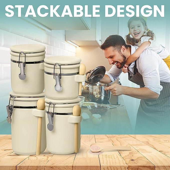 Home Intuition 4-Piece Ceramic Kitchen Canisters Set, Airtight Containers with Wooden Spoons Reusable Chalk Labels and Marker for Sugar, Coffee, Flour, Tea (Off White)