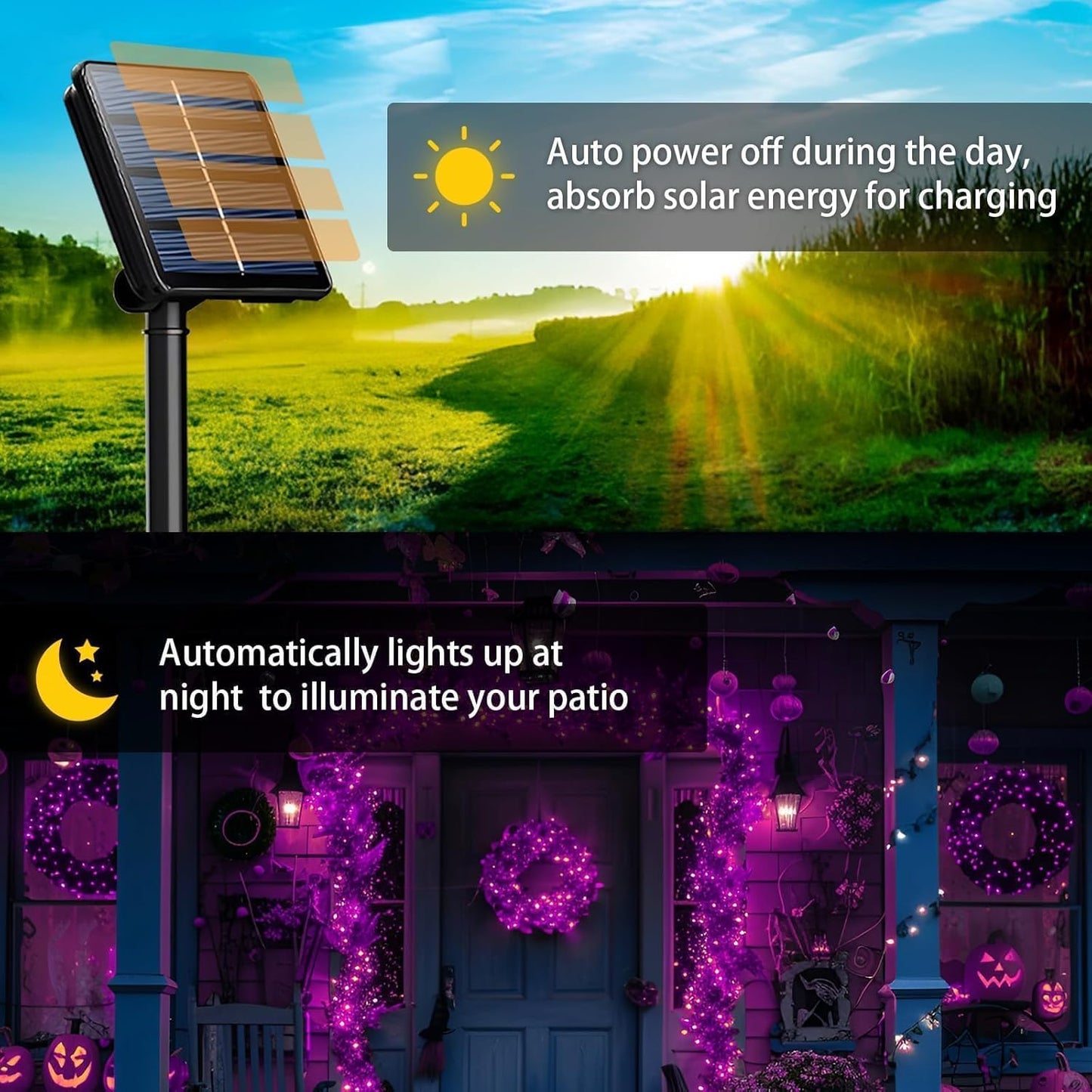 6-Pack Solar String Lights, 600 LED Extra-Long 236Ft Solar Halloween Lights Outdoor Waterproof, 8 Modes Led Halloween Light for Garden, Patio, Wedding(Purple & Orange)