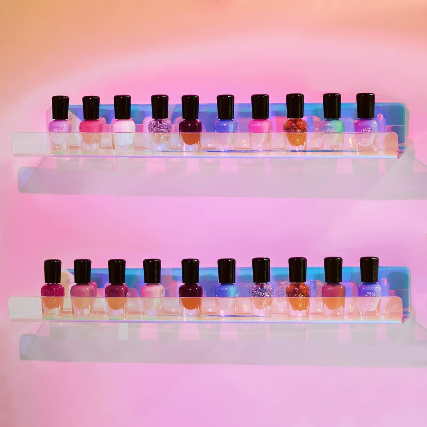 upsimples Acrylic Shelves for Wall Decor, 15" Display Shelf for Perfume, Skincare, Nail Polish, Wall Organizer for Bathroom, Bedroom, Living Room, Playroom, Kids Bookshelf, Iridescent, 2 Pack