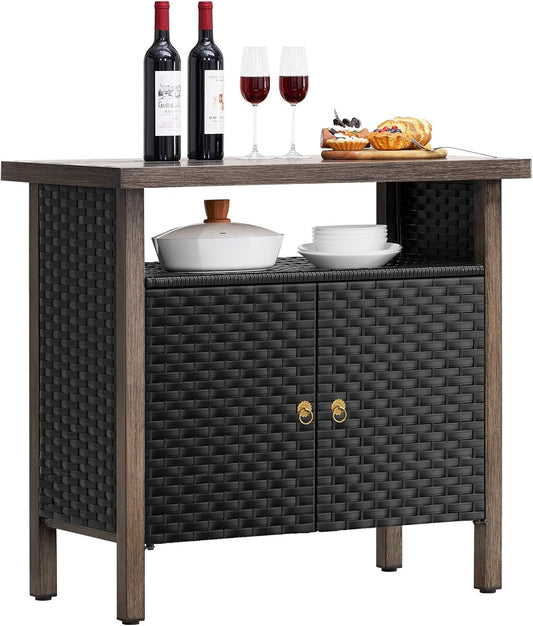 Outdoor Storage Cabinet, Woven Rattan Bar Table with 2 Doors, Slatted-Top, Wicker Console Table for Patio, Garden, Backyard, Kitchen - Black