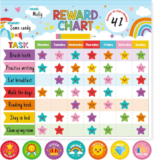 Reward Chart for Kids,Magnetic Behavior Chore Chart for Kids at Home,26 Rainbow Blue Chore Charts,1960 Star Stickers,56 Reward Stickers,Incentive Chore Chart to Develop Responsibility and Good Habits
