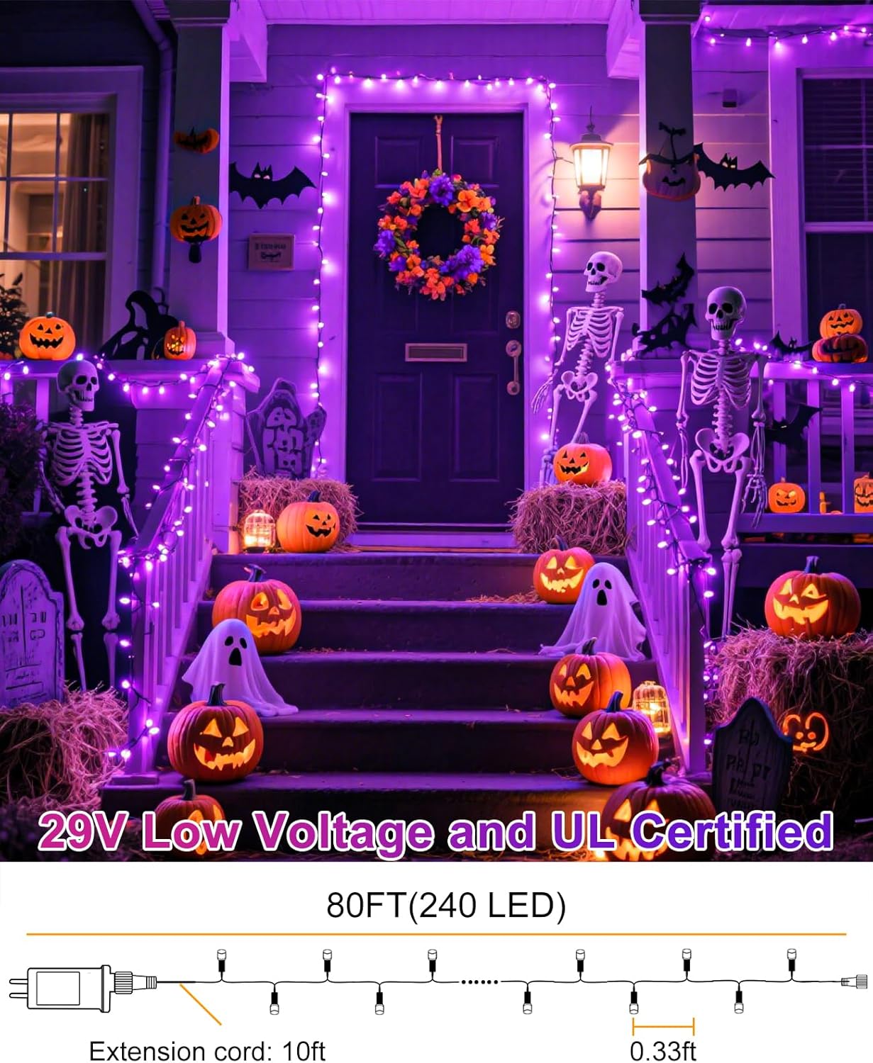80FT 240 LED Halloween Lights Outdoor, Connectable Purple String Lights for Outside with Waterproof 8 Modes, Green Wire Twinkle Tree Light for Indoor Bedroom Patio Garden Party Holiday Decorations
