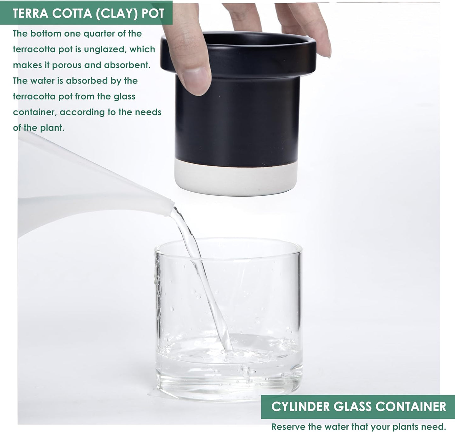 Phoenix Vine 4 Inch Self Watering Terracotta Planter, Black Terracotta Clay Pot with Glass Reservoir for Indoor Plants, Herbs, Flowers, Set of 1, 52-C-E-1