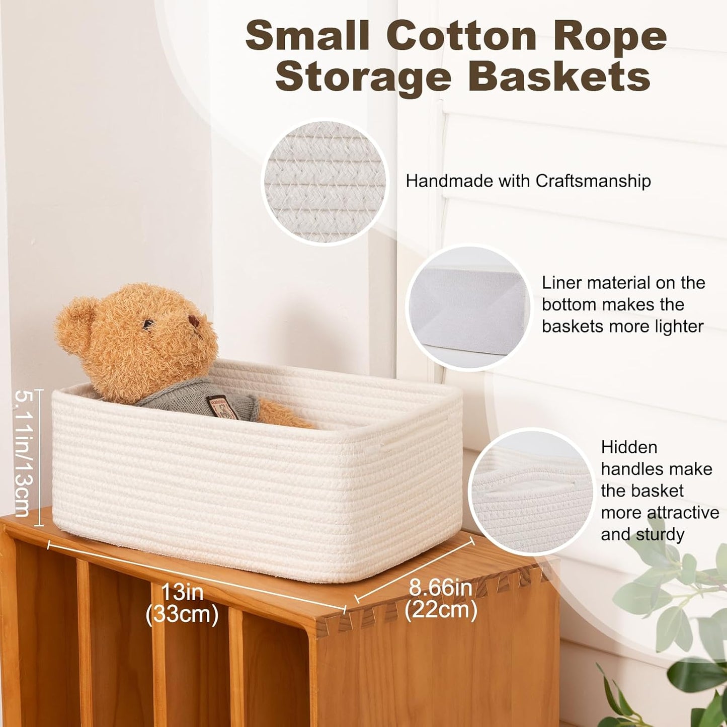 3 Pack Small Storage Baskets for Organizing, Cute Woven Decorative Gift Baskets for Shelves, Mini Closet Organizer Bins with Handles-13''Lx8.66''Wx5.11''H-White