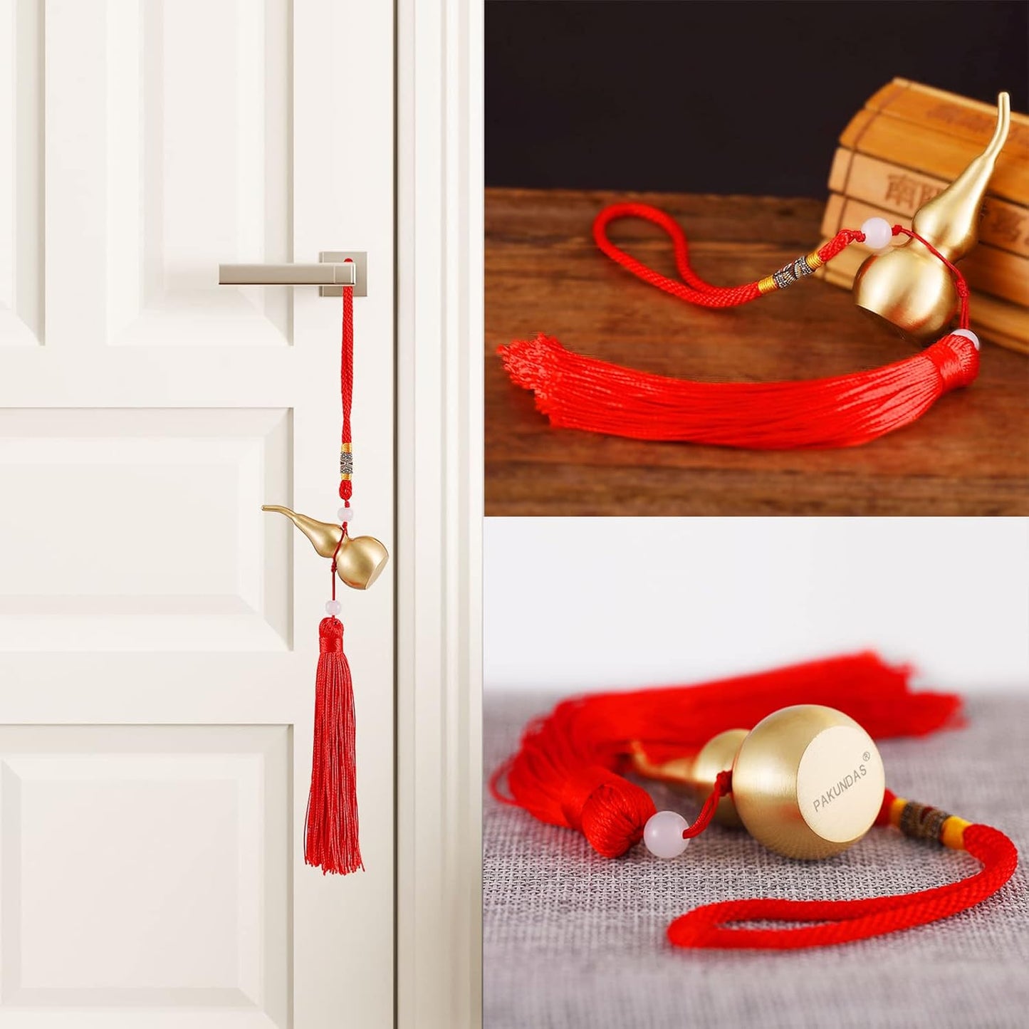 Feng Shui Brass Wu Lou Golden Gourd with Red Luck Strip Treasure Pendant for Bedroom,Car Hanging Ornaments,Fortune Protection,Hu Lu Bring Good Luck Safty Success,2.75inch Tall,Full Brass