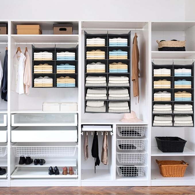 Dual-Row 6 Tier Shelf Hanging Closet Organizer and Storage, 12 Pockets Clothes Storage Shelves with 3 Sturdy Hooks for Clothing Organization, Dorm Room Essentials for Girls, Foldable, Grey