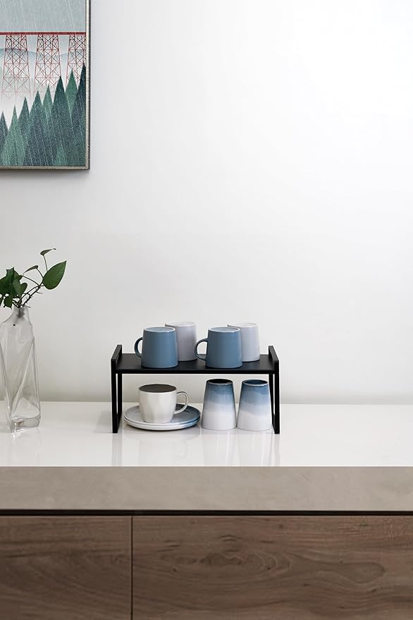 Nxconsu 2Pack Cabinet Shelves Stackable Shelf Organizer Rack Riser for Kitchen Cabinet Pantry Cupboard Counter Countertop Home Organization Storage Space Saver Heavy Duty Metal Nonslip Black Wide