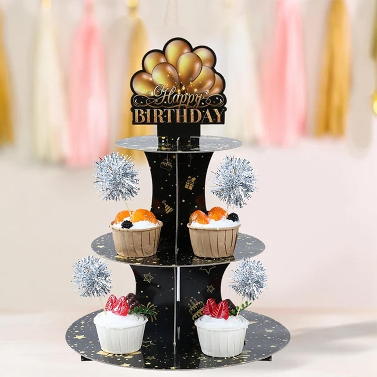 Ephlyn 30Pcs Foil Firework Cupcake Toppers Sparkle Tinsel Cupcake Picks Happy Birthday Cake Toppers Drink Stirrers Cocktail Food Fruit Toothpicks for Baby Shower Birthday Party Supplies Silver