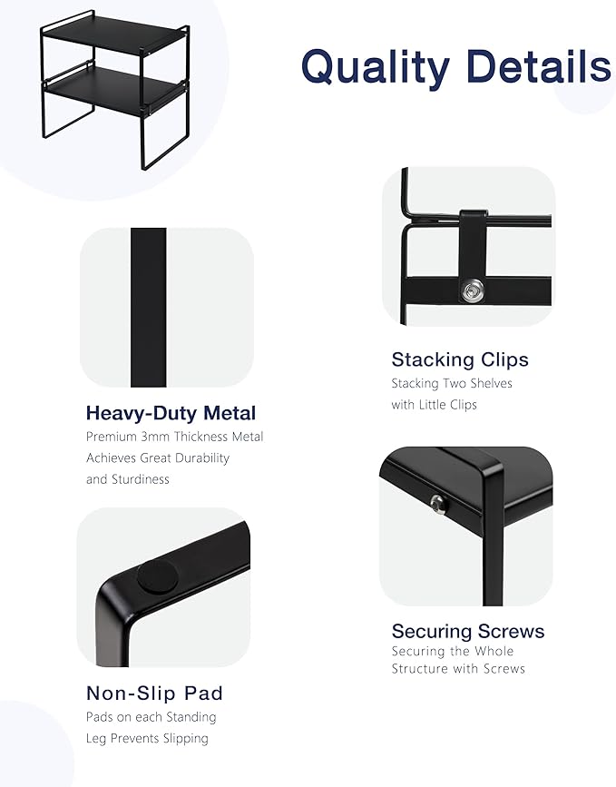 Nxconsu 2Pack Cabinet Shelves Stackable Shelf Organizer Rack Riser for Kitchen Cabinet Pantry Cupboard Counter Countertop Home Organization Storage Space Saver Heavy Duty Metal Nonslip Black Wide