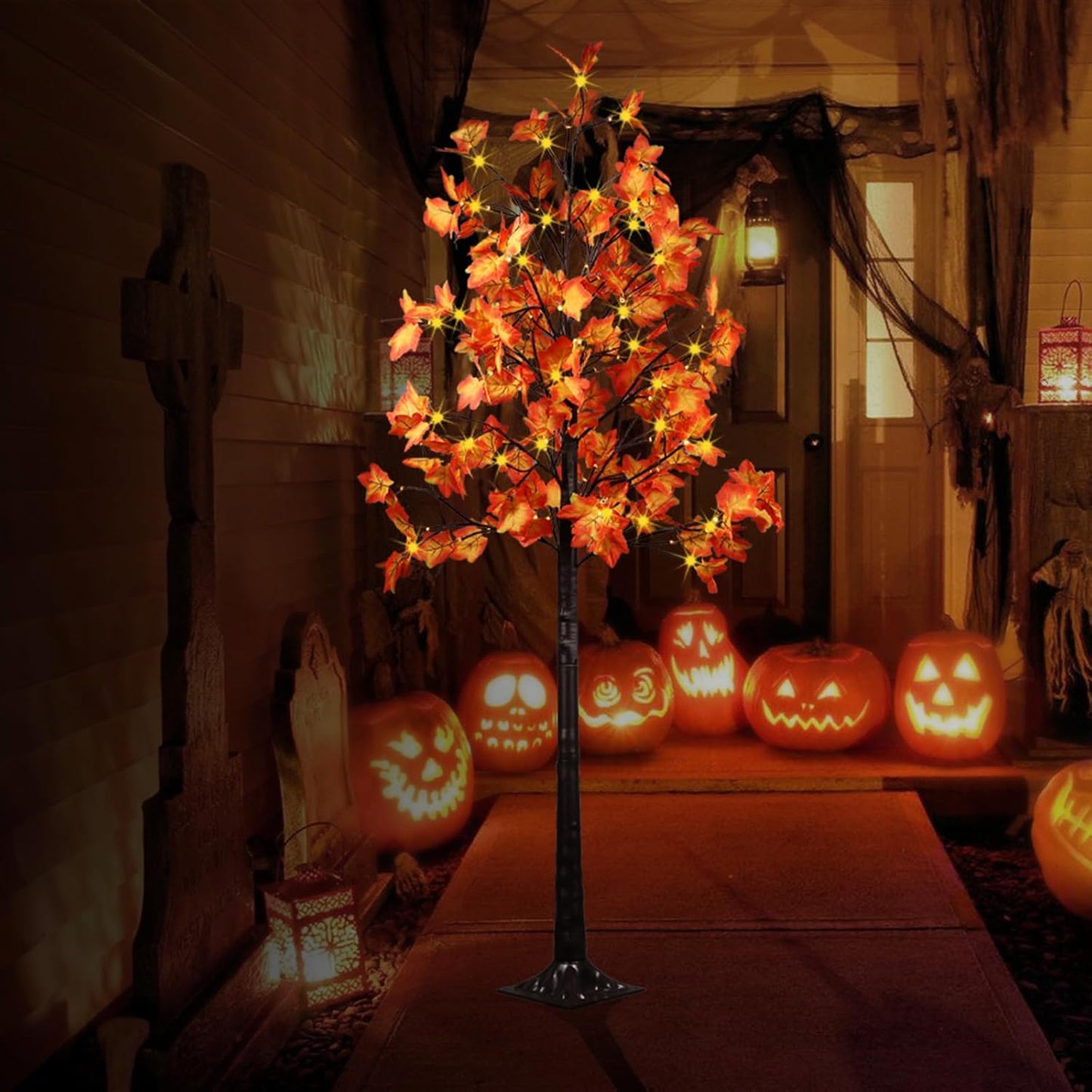 2 Pack 6FT 240LED Fall Lighted Maple Orange Tree Lights Thanksgiving Decoration Artificial Tree Lights USB Powered DIY Table Light for Desktop Autumn Harvest Party Indoor Ourdoor Decor