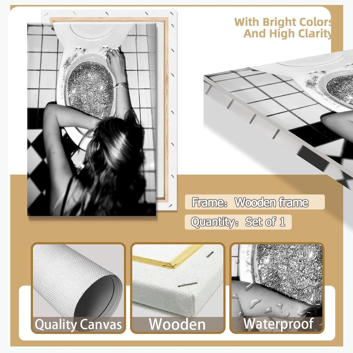 Funny Bathroom Wall Art Black and White posters Bar Disco Party prints painting Girls Bathroom Canvas wall art Funky aesthetics Teen Girl Bedroom wall decor for 16x24in Framed