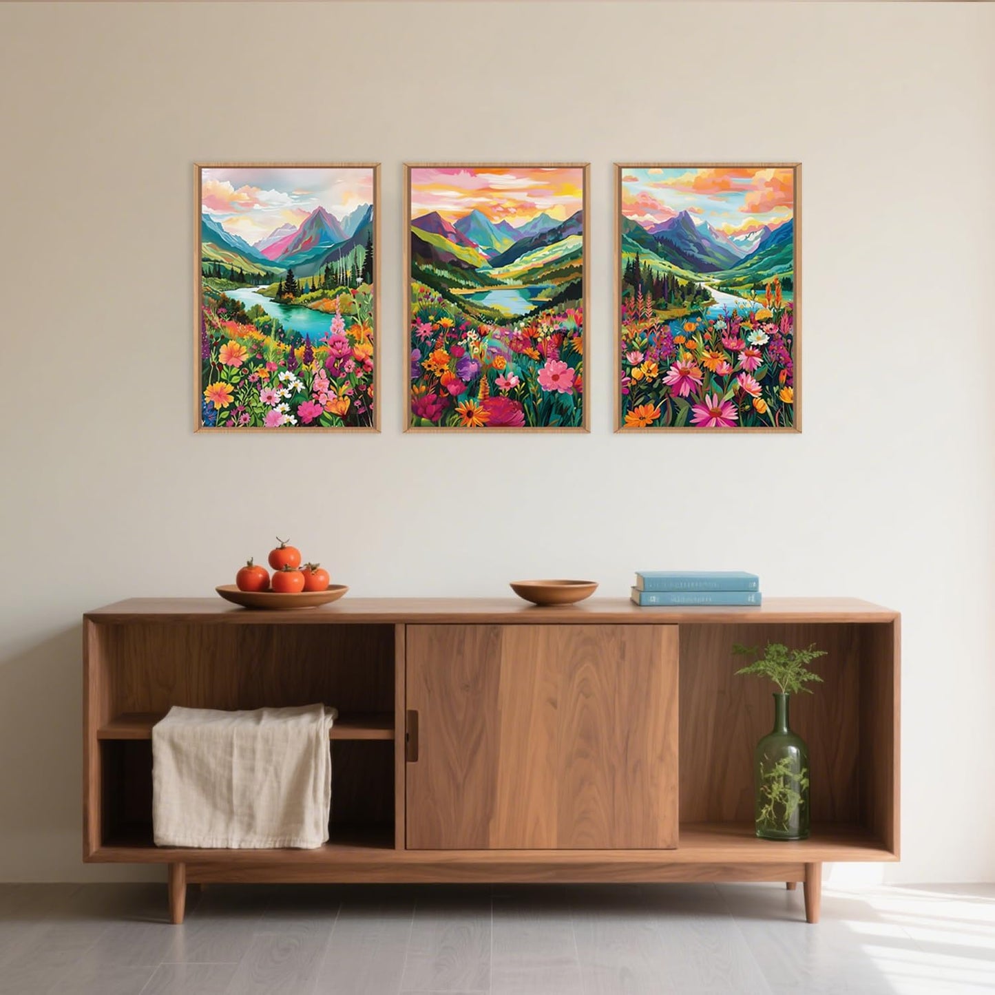 Wildflower Blossom Framed Canvas Wall Art Set, Colorful Flowers Painting, Abstract Landscape Wall Decor, Natural Ridge Floral Art Print for Living Room, Dining Room, Office - 16"x24"x3