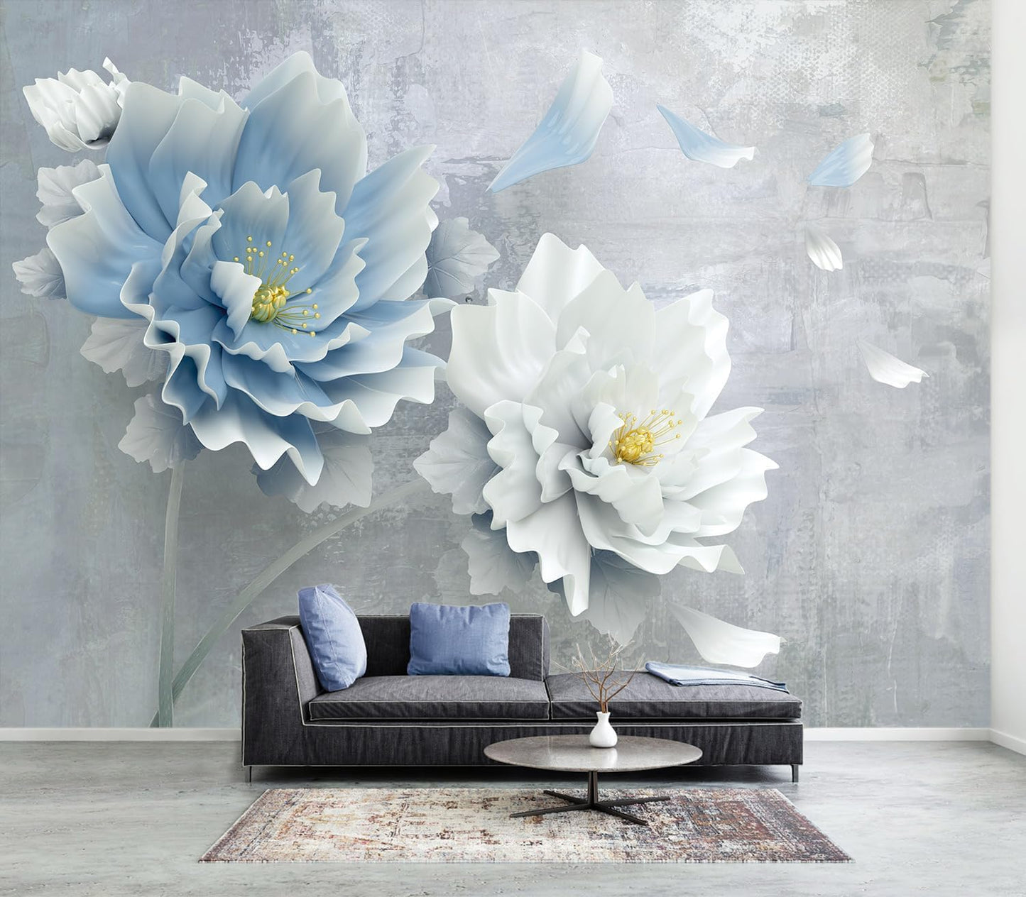 WFBHUA-Blue Floral Wallpaper Mural Modern Peony Flower Wallpaper Large 3D Art Living Room Bedroom Bathroom Wall Mural Decor (Not Peel and Stick)