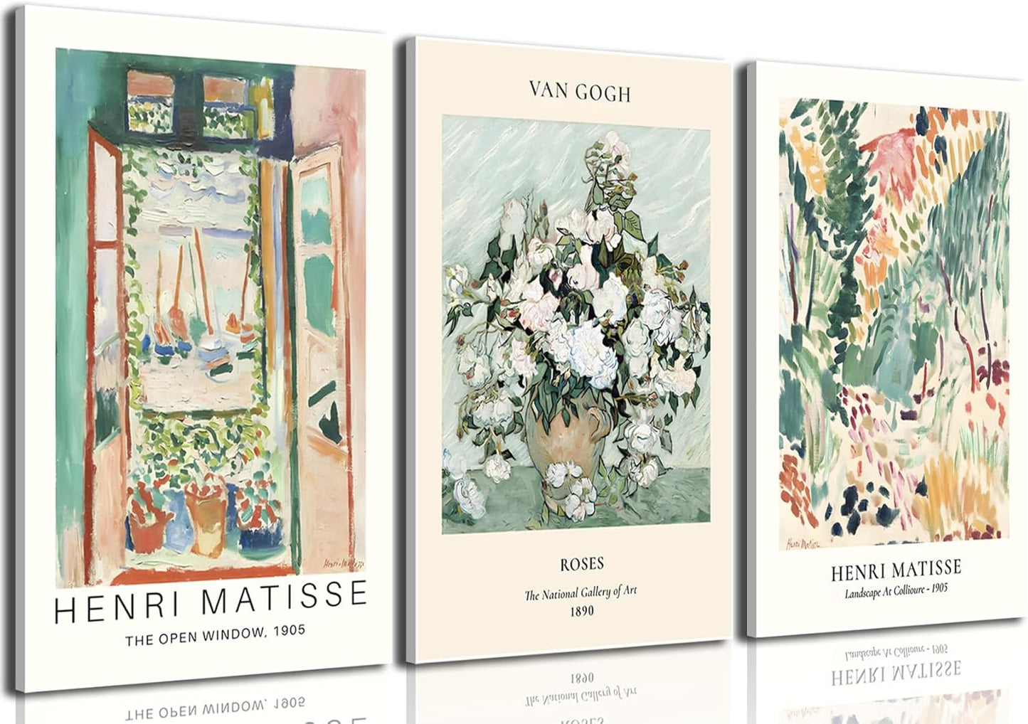 Framed Sage Green Matisse Wall Art Set of 3 Vintage Vin Gogh Flower Market Posters Retro Open Window Canvas Prints Abstract Aesthetic Artwork Painting Picture Decor for Living Room Bedroom 16x24in