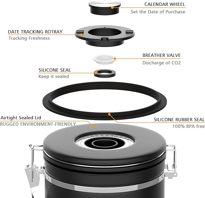 Coffee canister for ground coffee with Scoop Date Tracker One Way Co2 Valve 304 Stainless Steel Kitchen Food Airtight storage container for Coffee Beans,Grounds,Tea,Sugar (Silver, 16oz)