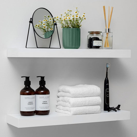 Homeforia White Floating Shelves 24 inch, High End Solid Real Wood 24inch Bathroom Floating Shelf for Wall Mounted, White Wooden 24in Floating Shelves, Heavy Duty Bracket, 24 X 6.5 X 1.75 in, Set of 2