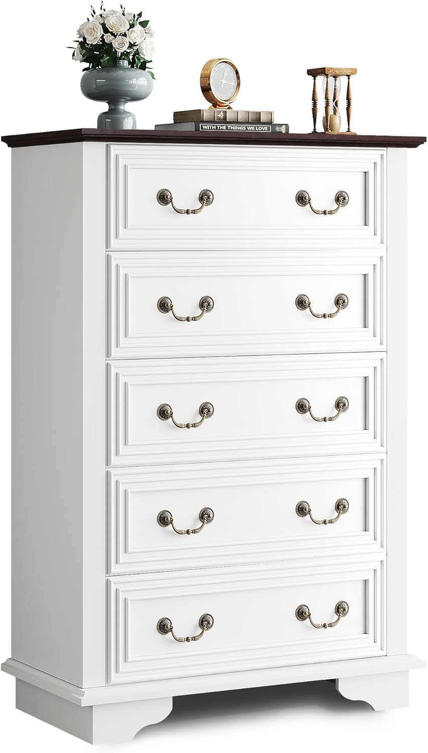 WLIVE Farmhouse Dresser for Bedroom, Wood Dresser with 5 Drawer, Chest of Drawers with Roman Metal Handle for Living Room, White