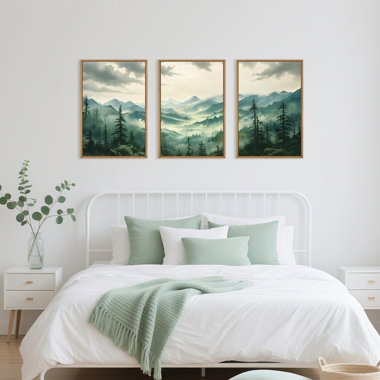 Celestdeco Green Foggy Mountain Framed Canvas Wall Art Set, Misty Forest Wall Decor, Watercolor Pine Tree Wall Painting, Large Nature Landscape Art Print for Living Room, Bedroom, Office - 24"X36"X3