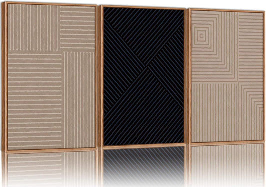 Tinonedraw Mid Century Modern Framed Canvas Wall Art Set of 3, Neutral Abstract Art Prints, Black and Brown Geometric Minimalist Wall Decor for Living Room Bedroom Office Dining Room 16"x24"x3