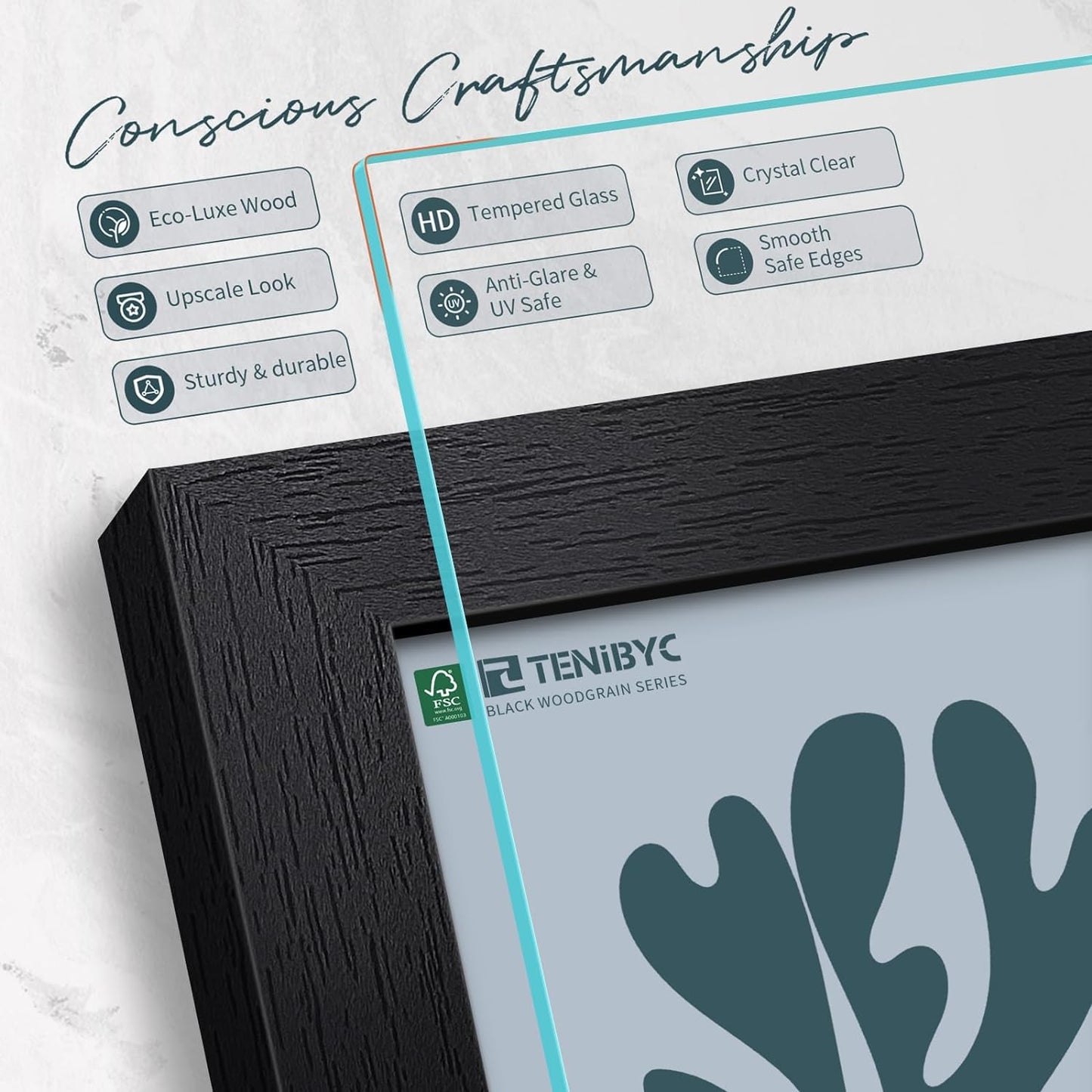 16x20 Picture Frame Set of 3 - Black Woodgrain, Solid Wood, HD Tempered Glass, Wall Gallery Poster Frame