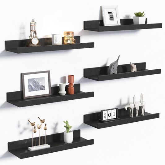 upsimples Floating Shelves for Wall, Wall Shelves for Decor Storage Set of 6, Wall Mounted Wood Shelf for Bedroom, Living Room, Bathroom, Kitchen, Picture Ledge Shelf, Black