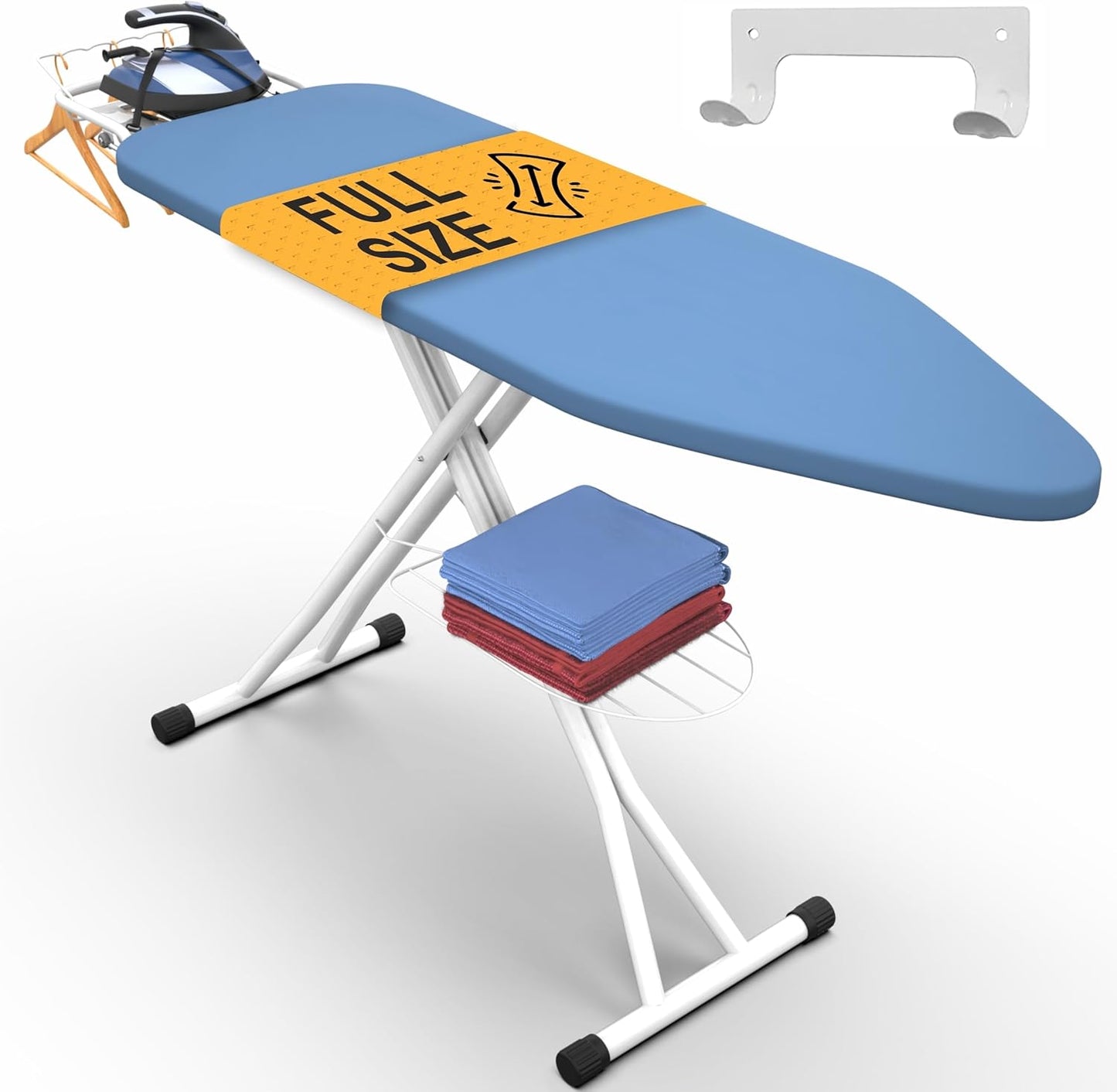 Xabitat Full Size Ironing Board 57" X 15" with Wall Mount Hanger, Full Metal Construction Iron Board, Built in Iron Caddy, Heat & Scorch Resistant Fabric, Cord Holder, Anti-Skid Feet, Heavy Duty