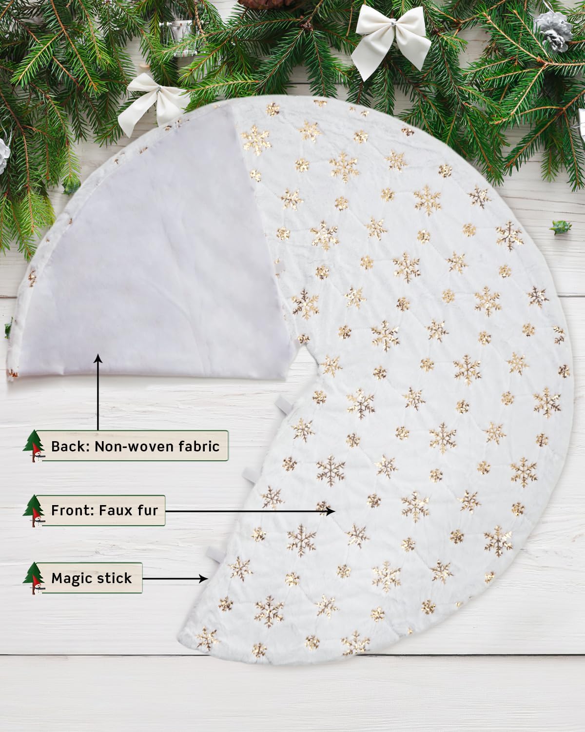 COOLWUFAN 60 Inches Christmas Tree Skirt for Xmas Tree Holiday Party Decoration White Plush Gold Sequin Snowflake (Gold)