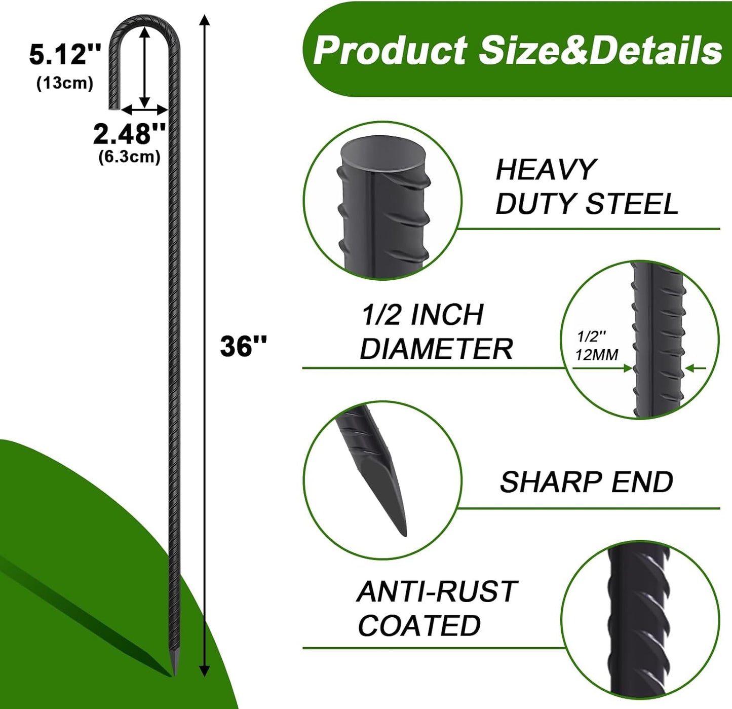 AAGUT 36 Inches 10 Pack J Hook 1/2" Rebar Stakes Heavy Duty Tent Stakes with Chisel Point End, Steel Ground Anchors Metal Garden Stakes Chain Link Fence Stakes Black Coated
