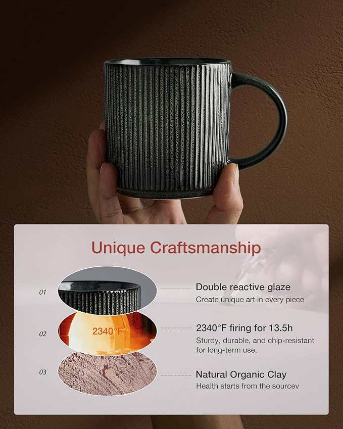 famiware Coffee Mug Set for 4, Star 12 oz Catering Mugs Cup Set with Handle for Coffee, Tea, Cocoa, Milk - Ceramic Stoneware Drinkware Set, Deep Forest