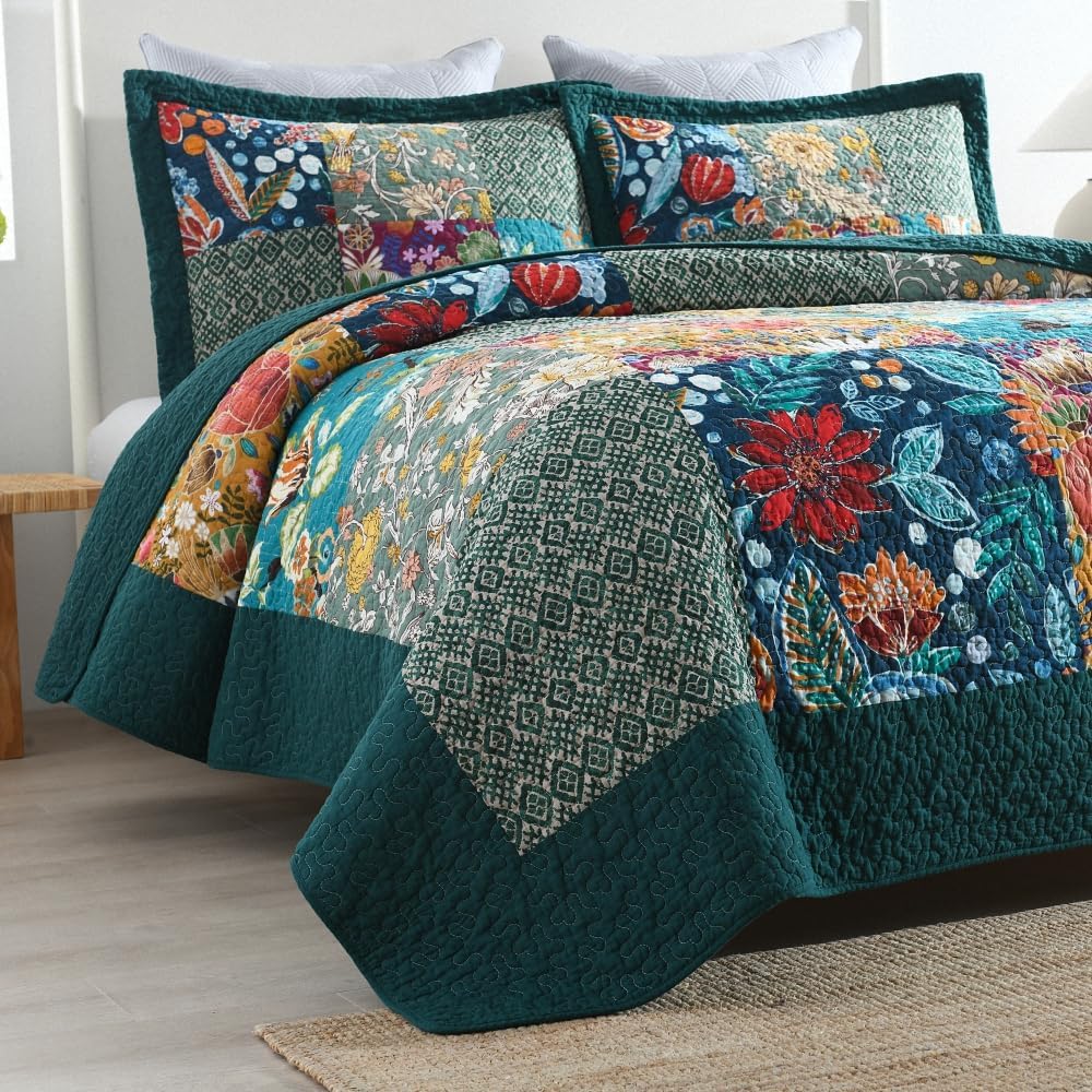 Autumn Dream Cotton Bedspread Quilt Sets Reversible Bedding Coverlet Sets Comforter, Vintage Floral Patchwork Turquoise Bedspread, King Size